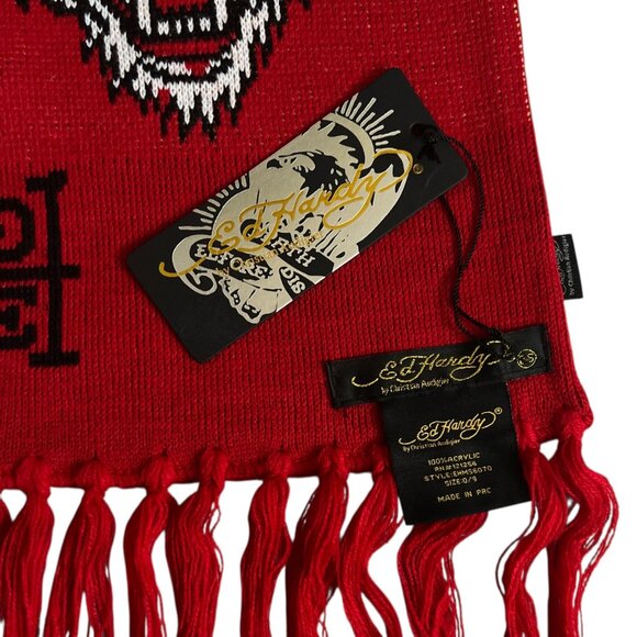 Ed Hardy By Christian Audigier NWT Red Scarf Tiger Designer Fringes Tattoo Logo - Picture 4 of 7